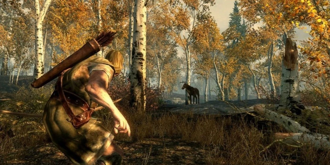 Gameplay still from Skyrim of the player character sneaking up on a wolf.