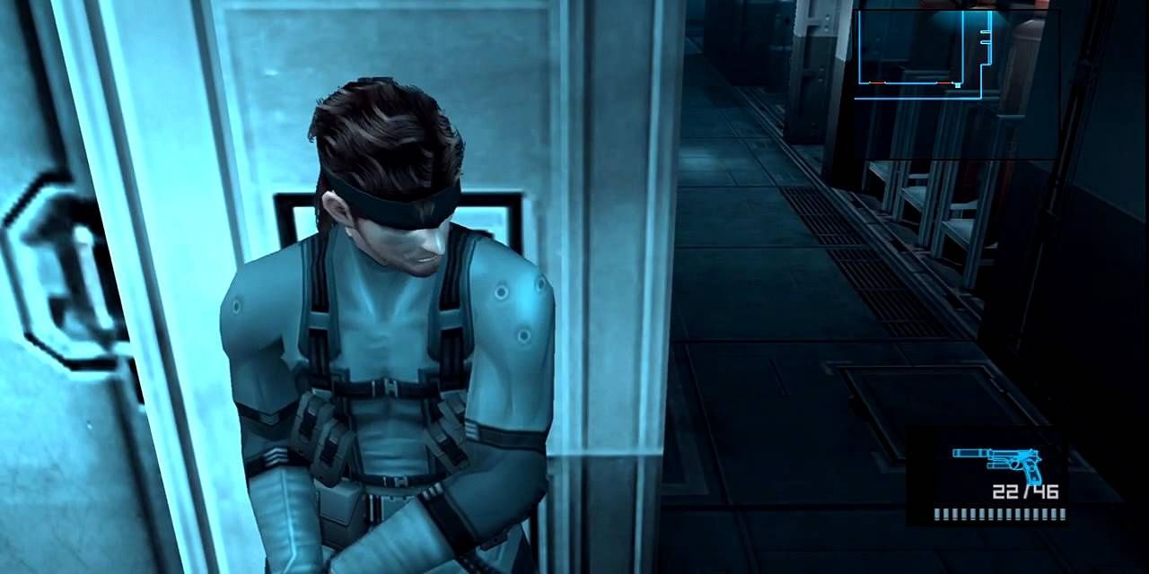 Snake hides behind a wall in Metal Gear Solid 2 Sons Of Liberty 