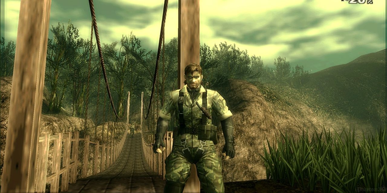 Snake stands in front of a bridge in Metal Gear Solid 3 Subsistence 