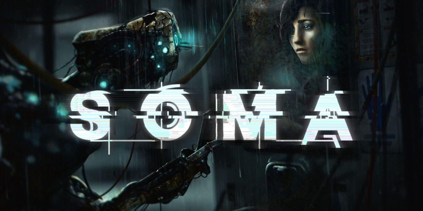 Soma promo title card featuring a rogue robot inspecting a human body.