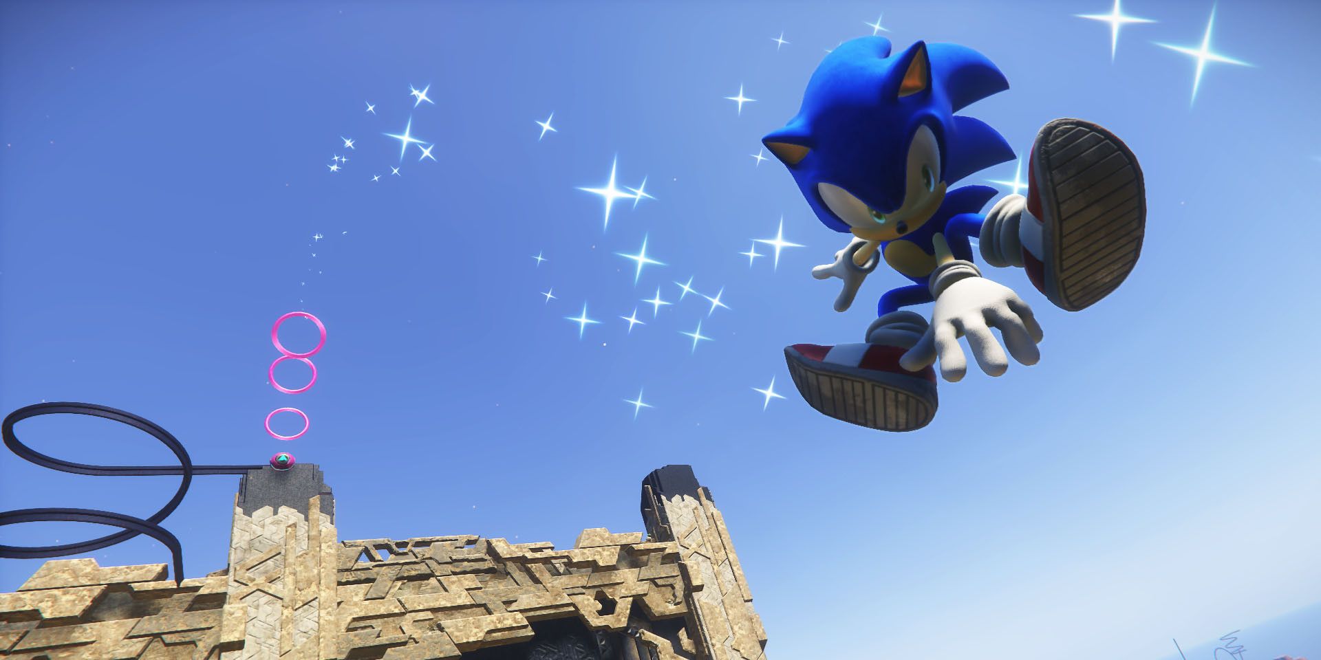 Sonic jumping in an image from Sonic Frontiers