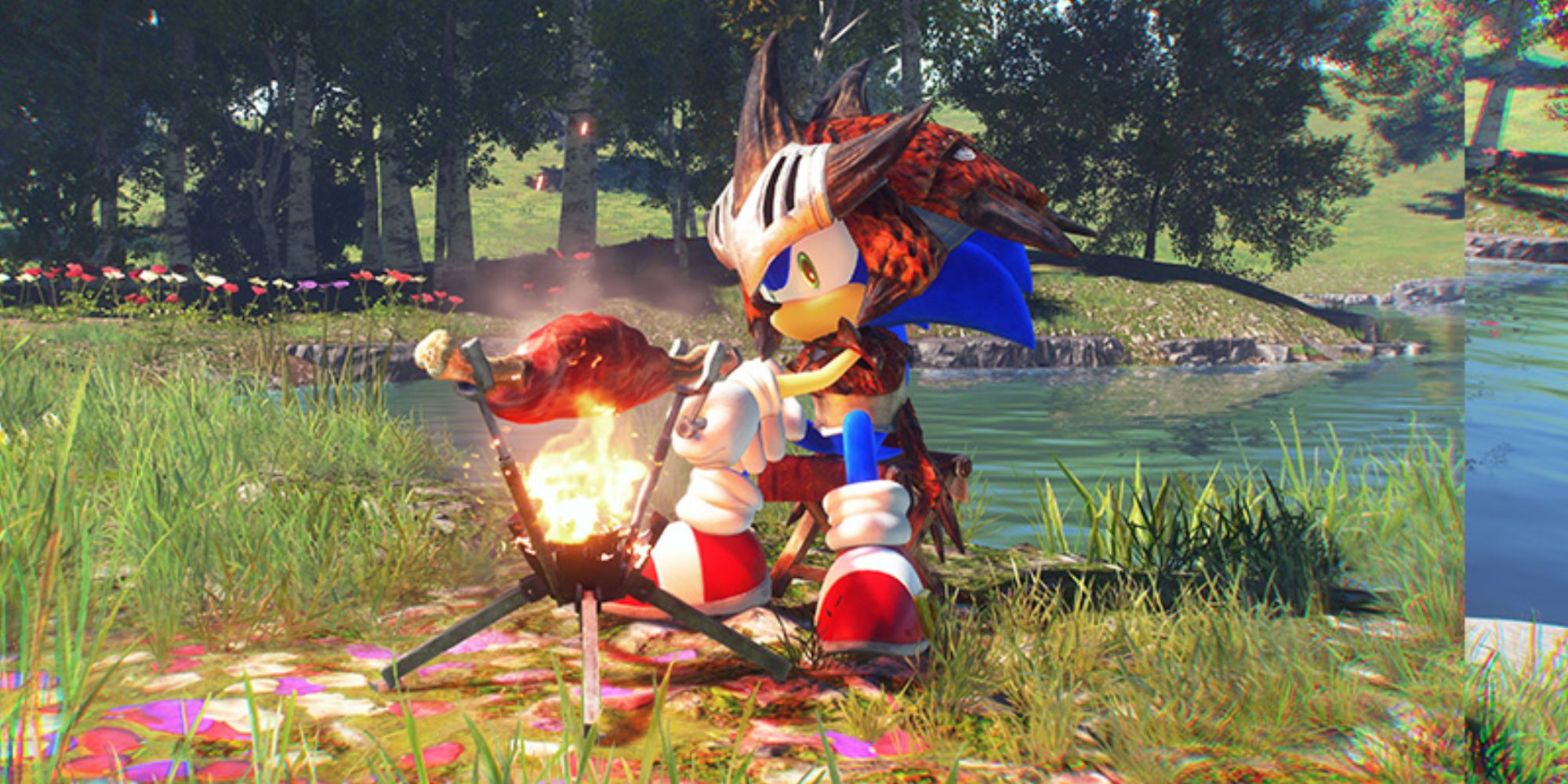 Sonic the Hedgehog wears Rathalos armor while cooking an animal in Monster Hunter-themed DLC for Sonic Frontiers.