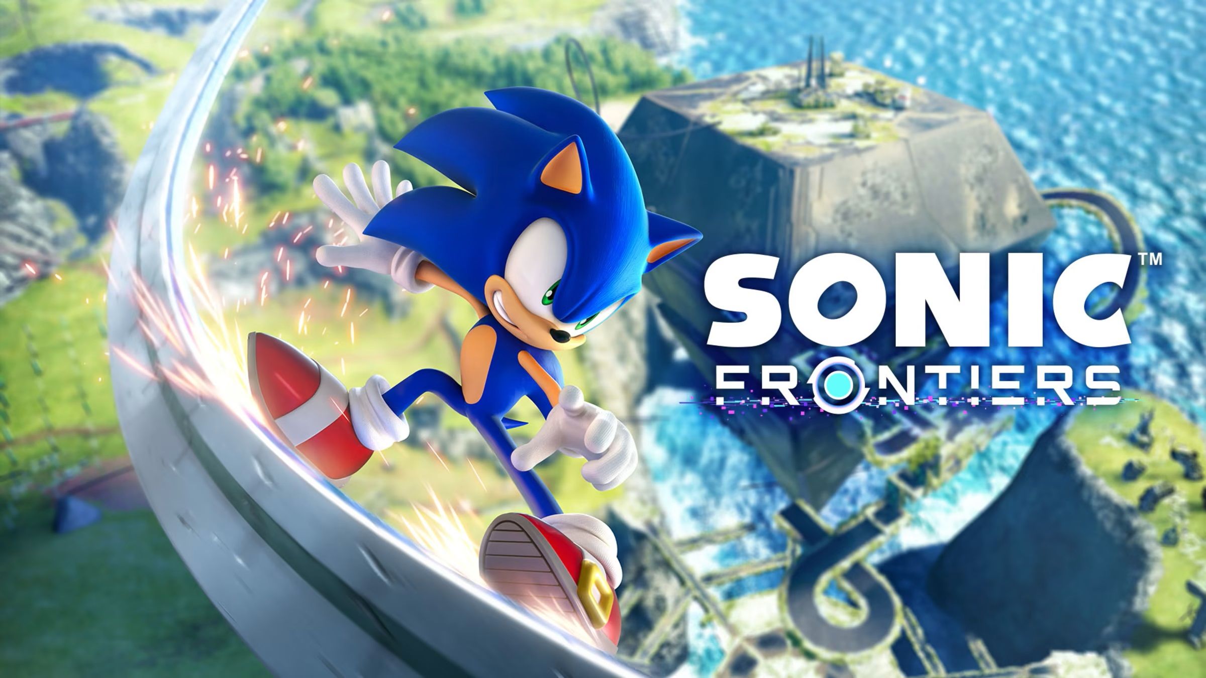 Sonic Frontiers promo art featuring the titular hedgehog grinding on a rail.