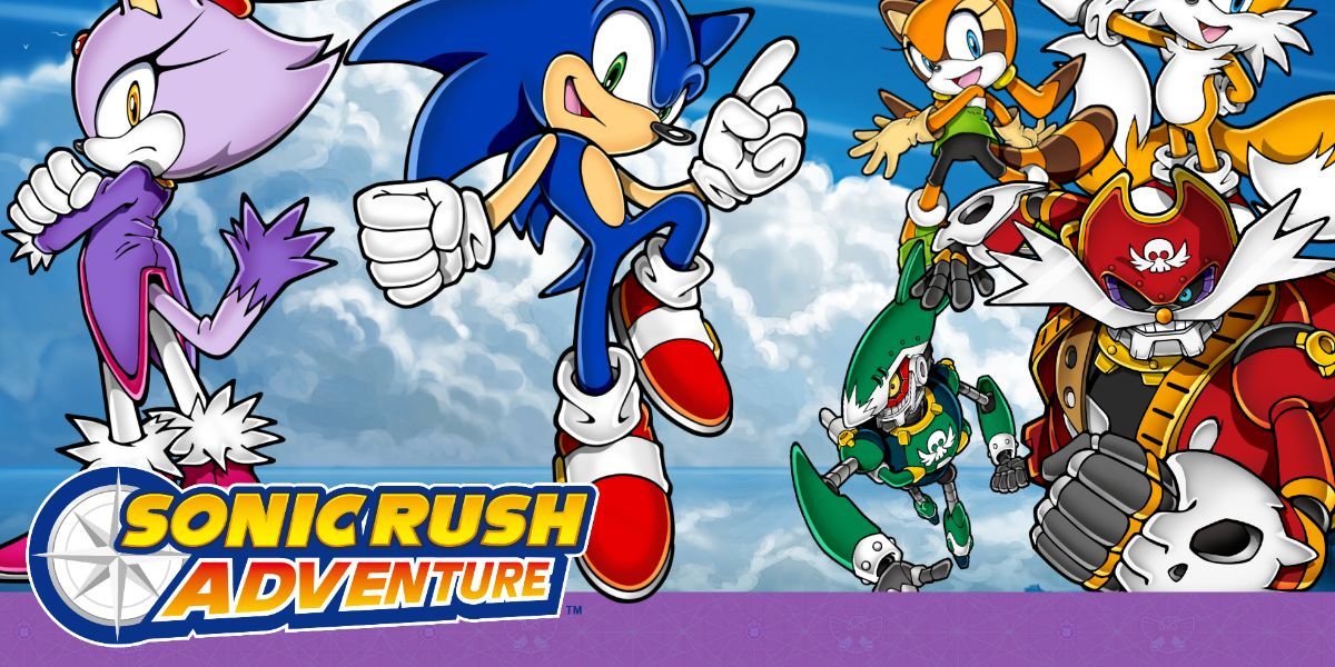 Arte de Sonic Rush Adventure mostrando Sonic, Blaze e outros personagens em estilo cartoon.