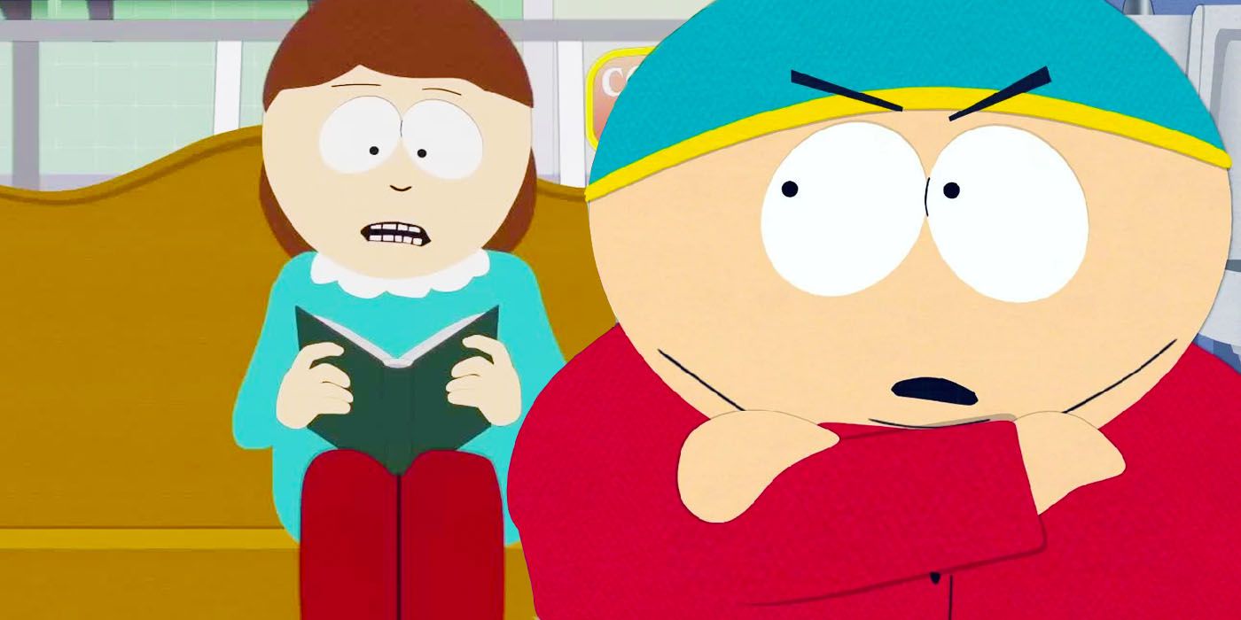 Cartman is angry at his mother as she reads to him in South Park