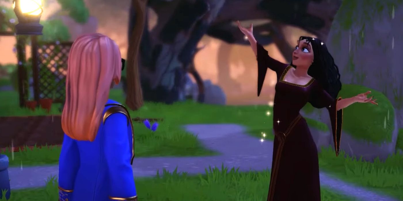 Speaking with Mother Gothel during the Village Project Restoring the Sunstone Quest in Disney Dreamlight Valley