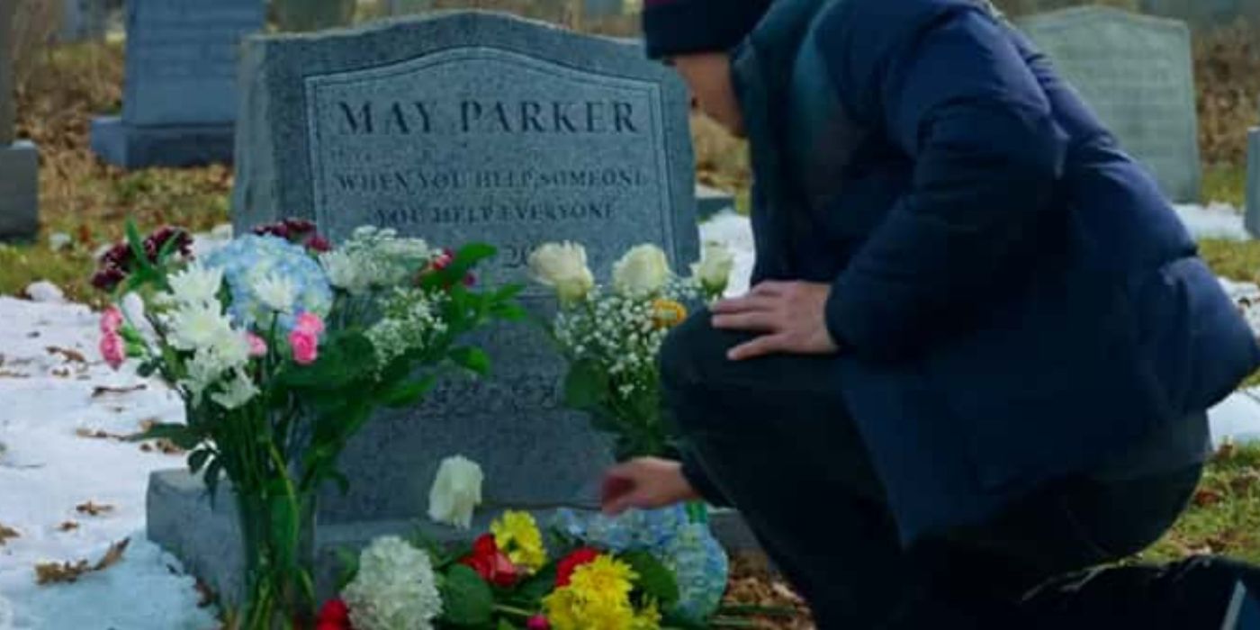 Spider-Man No Way Home Peter at Aunt May's grave