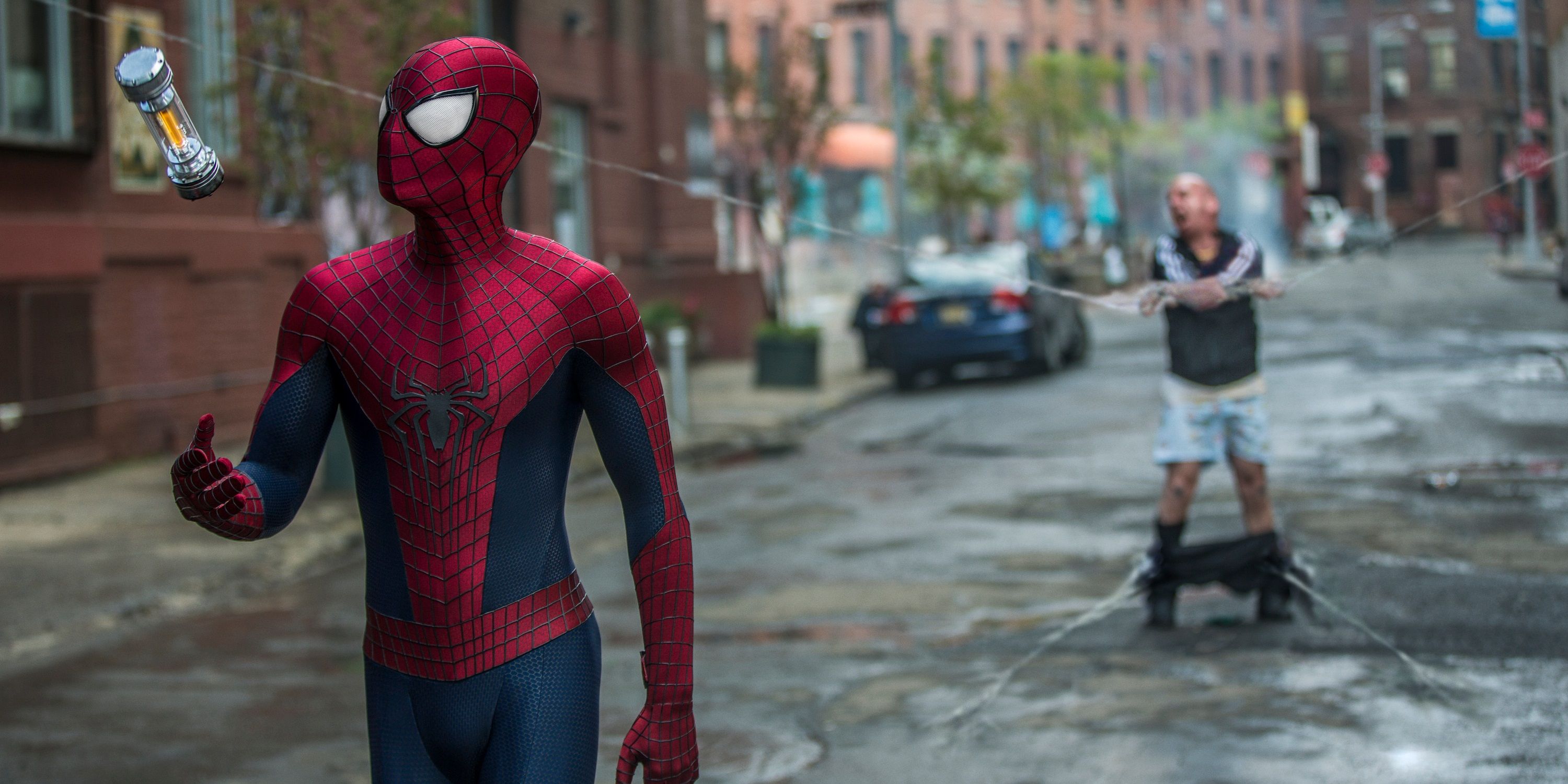 Spidey leaves the Rhino webbed up in The Amazing Spider-Man 2