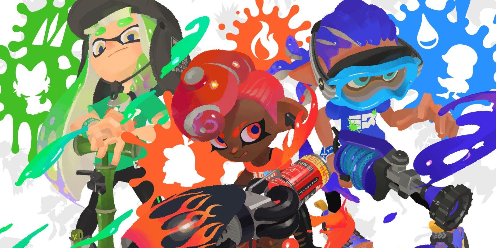 Art for Splatoon 3's Pokémon Scarlet & Violet Splatfest. Inklings and Octolings each sport their own color related to one of the new Pokémon starters.