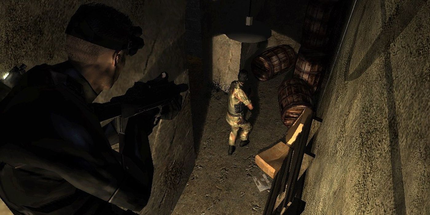 San Fisher using stealth to attach a soldier from above in Splinter Cell