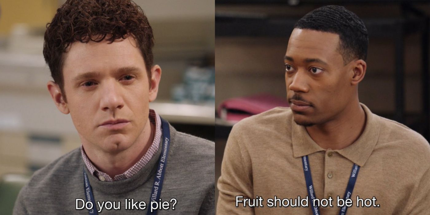 Split Image Abbott Elementary Jacob and Gregory discuss pie