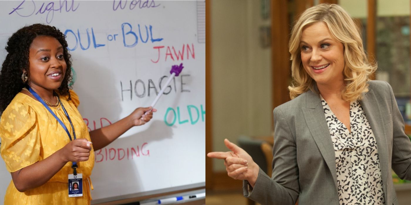 Split Image Janine Abbott Elementary and Leslie Knope Parks and Rec