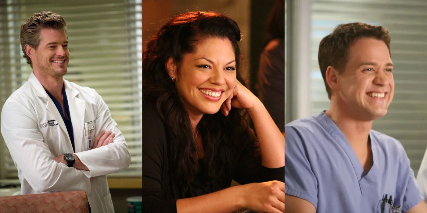 Grey&rsquo;s Anatomy split image of Mark Sloan smiling with his arms crossed in scrubs and lab coat, Callie Torries resting her head on her fist and smiling, and George O&rsquo;Malley smiling in blue scrubs