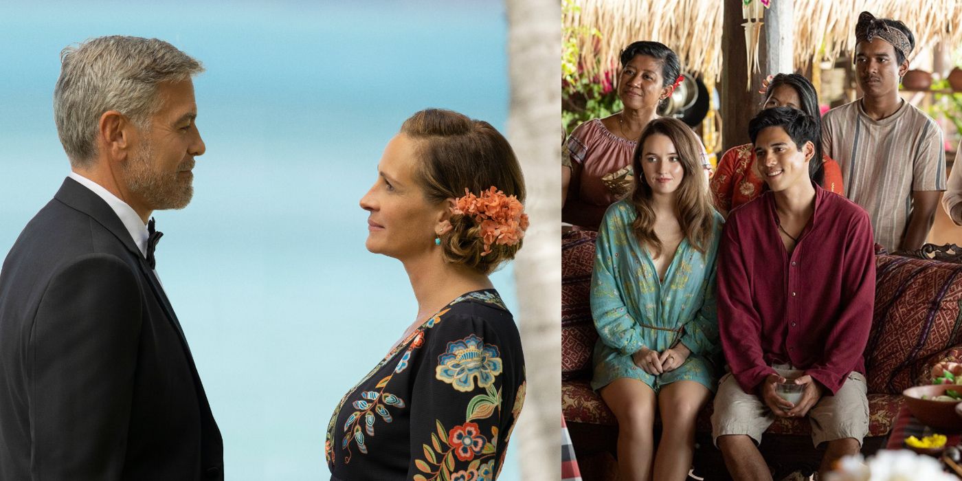 Split image of George Clooney in a tux and Julia Roberts in a floral dress looking into each other's eyes and Kaitlyn Dever and Maxime Bouttier sitting next to each other with locals standing behind them in Ticket To Paradise