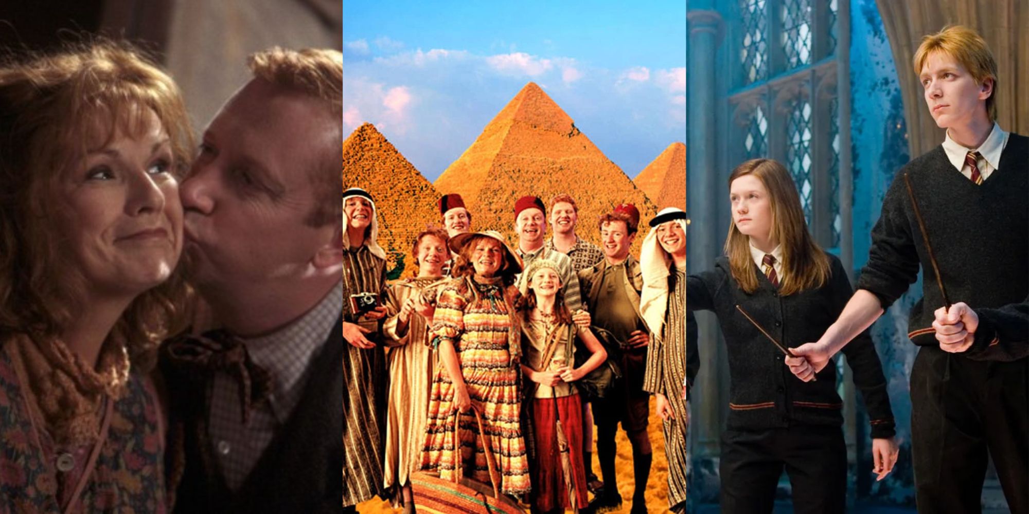 Split Image of Arthur kissing Molly's cheek, the Weasleys in Egypt, and the Weasley's in DA