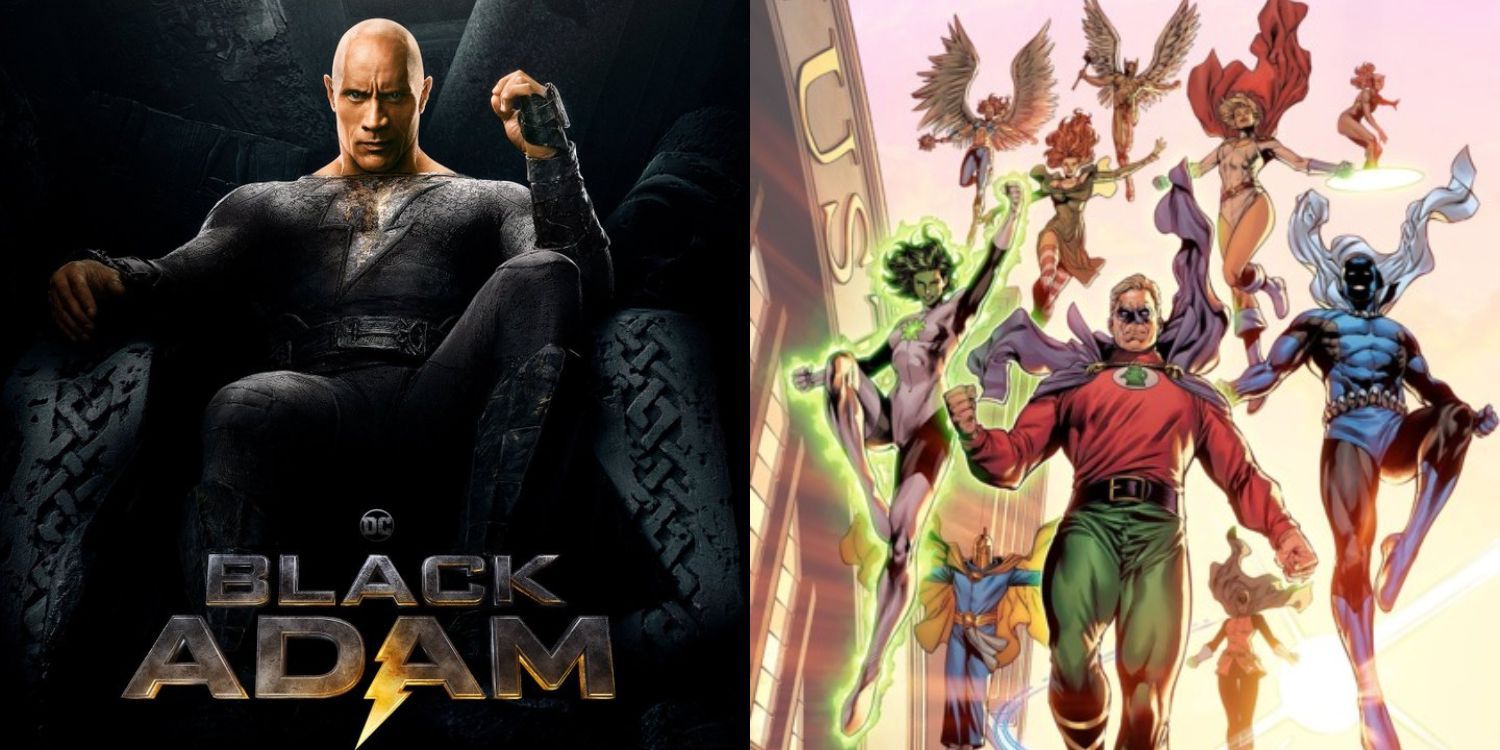 Split Image of Black Adam Poster and JSA Roster
