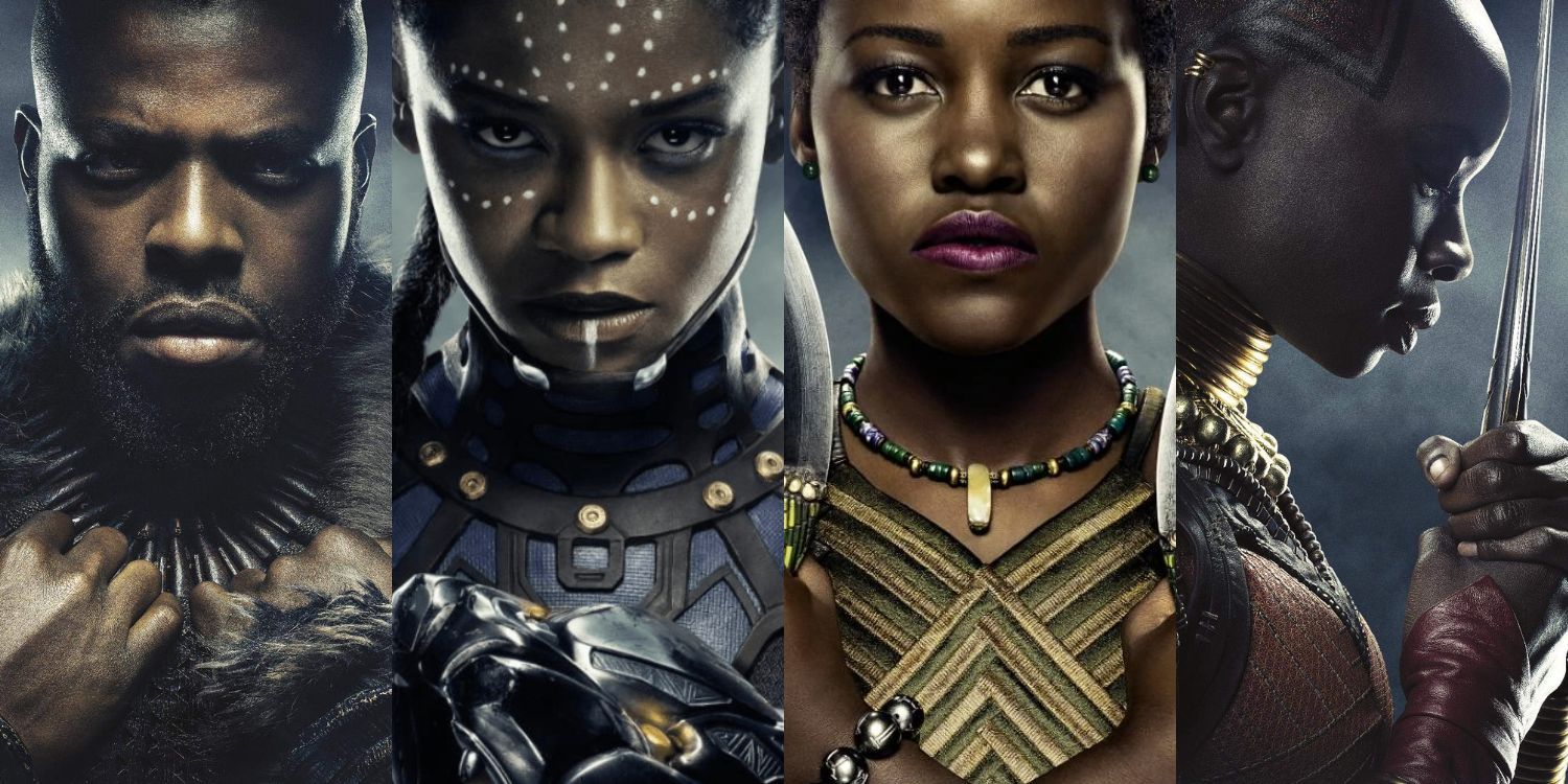 Split Image of Characters Posters From Black Panther Of M'Baku, Shuri, Nakia, and Okoye