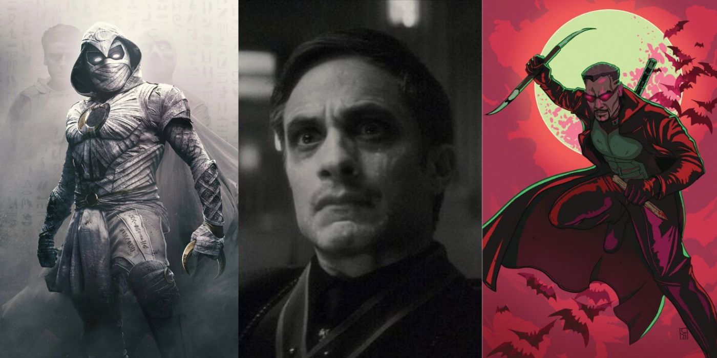 Split Image of Gael García Berrnal as Jack Russell aka Werewolf by Night in Werewolf by Night, Moon Knight poster, and Blade (2)