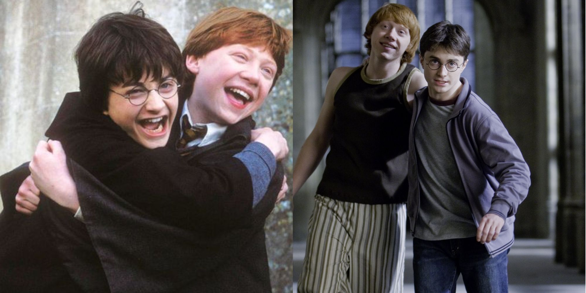 Split Image of Harry and Ron hugging, and Harry leading a love-potioned Ron