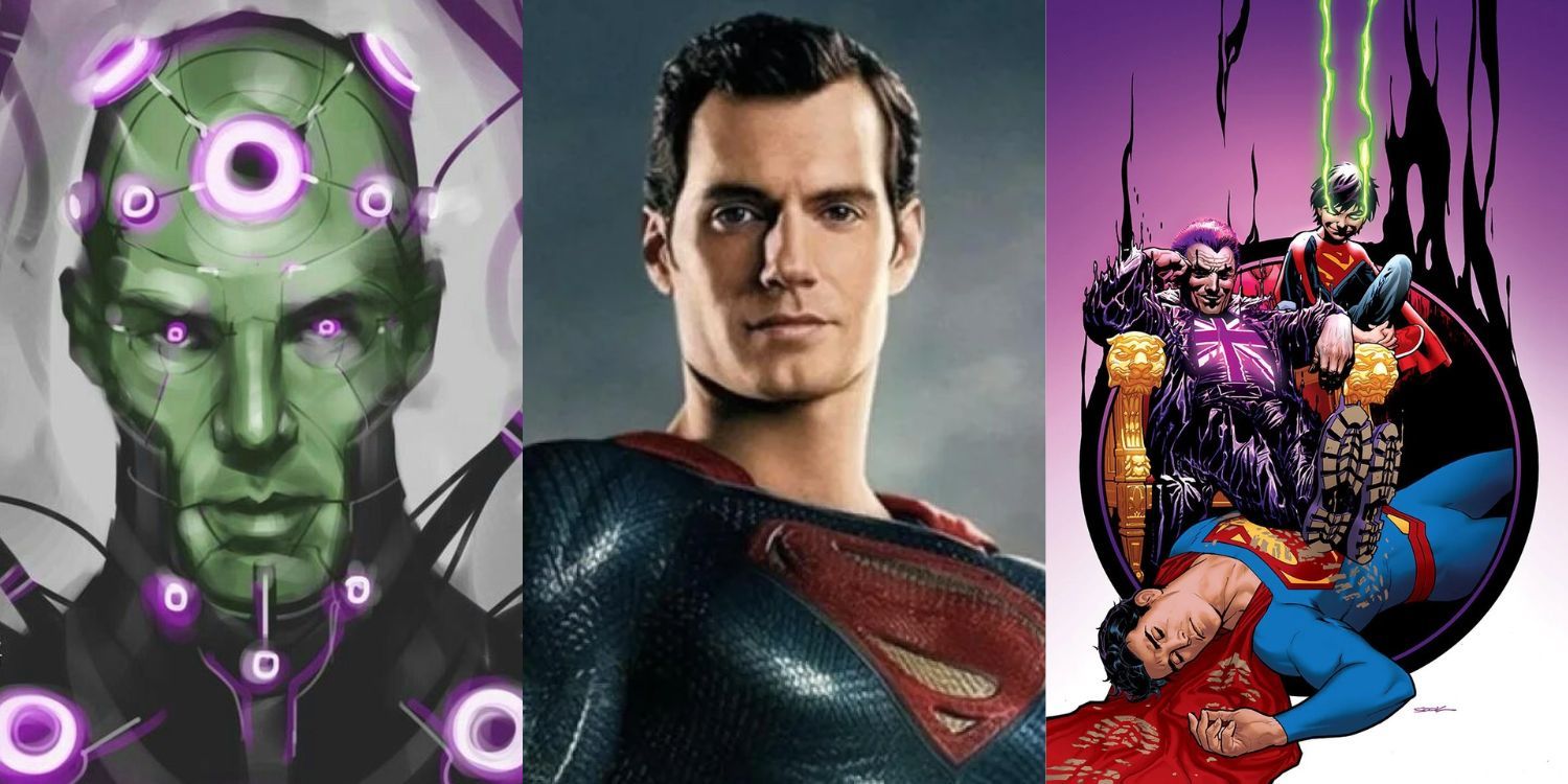 Split Image of Henry Cavill as Superman, Brainiac, and Manchester Black