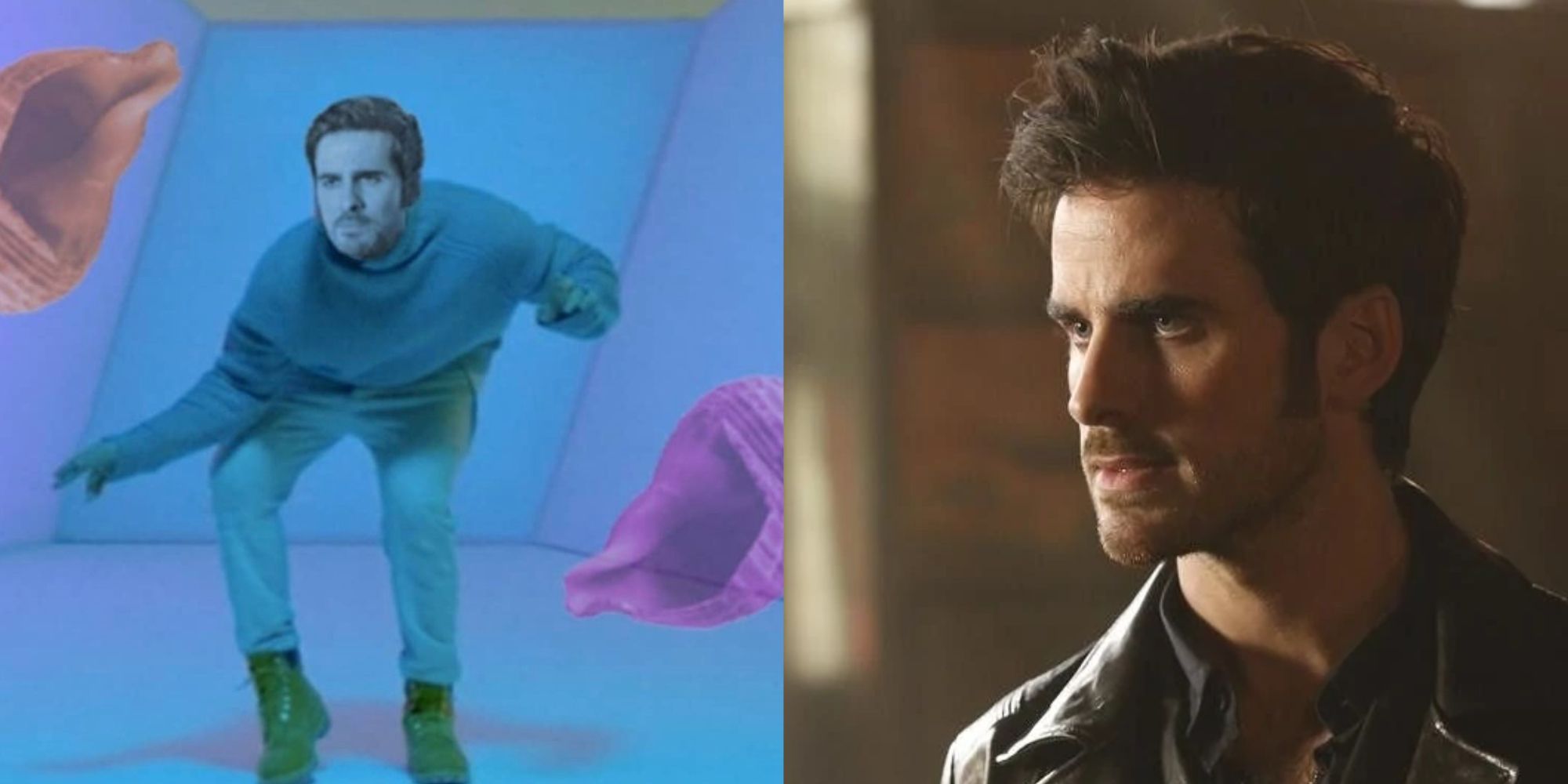 Split Image of Killian Jones and flying Seashells in Hotling Bling-style meme, and an image of Killian with a serious expression, looking left in OUAT
