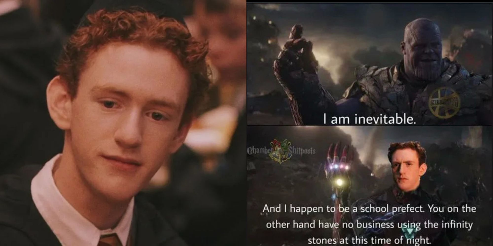 Split Image of Percy Weasley and a Percy meme
