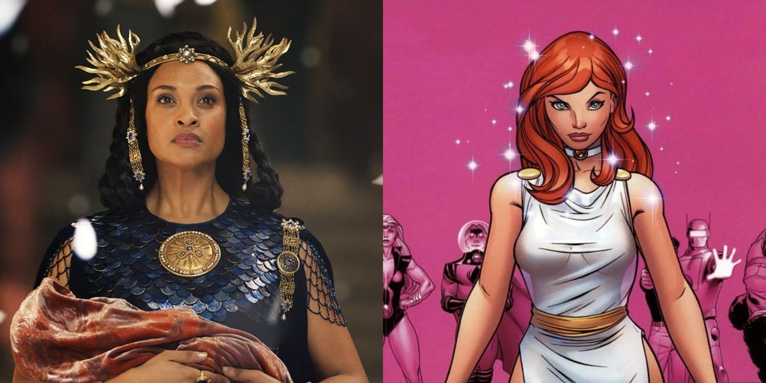 Imagem dividida da Rainha Míriel em Os Anéis do Poder e Vênus da Marvel Comics