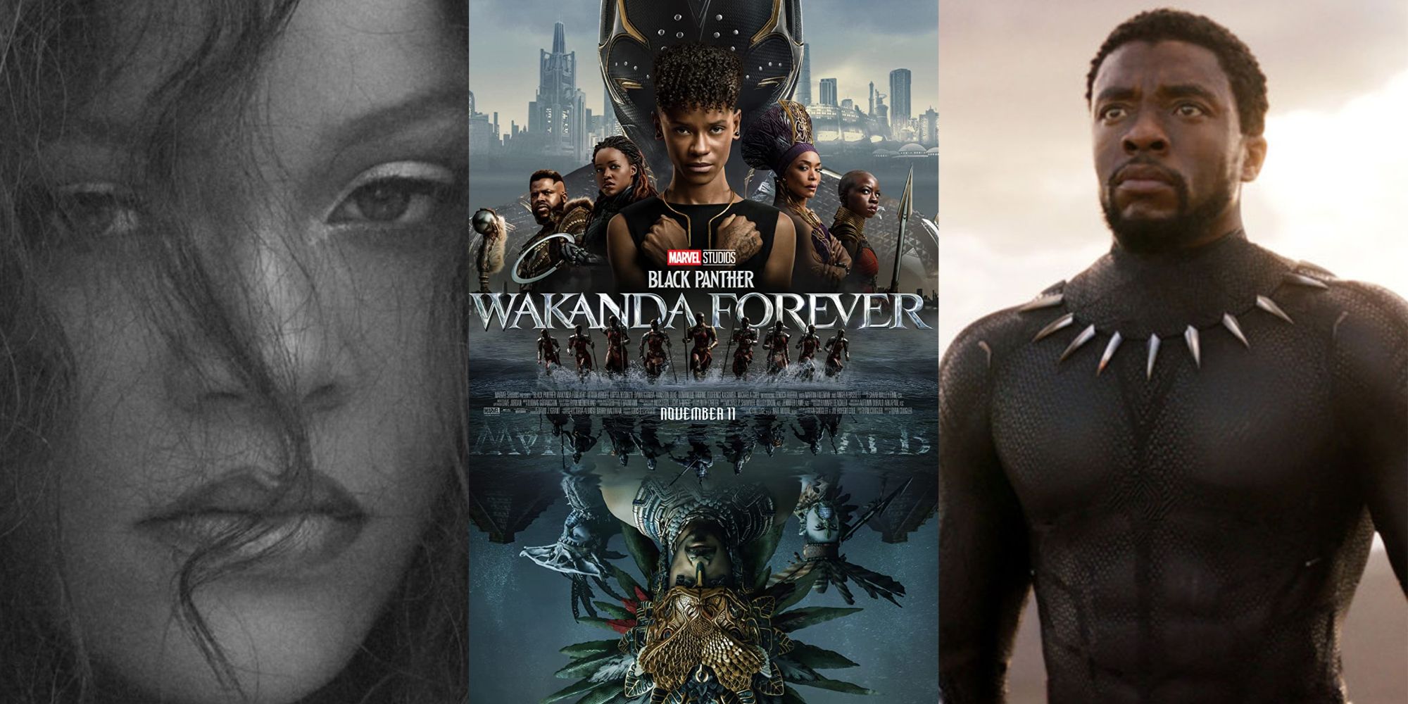 Split Image of Rihanna with strand of hair in front of her face (Lift Me Up cover art), the Wakanda Forver poster with wakandas on top and Namor reflected in water (imdb), and Chadwick Boseman as Black Panther
