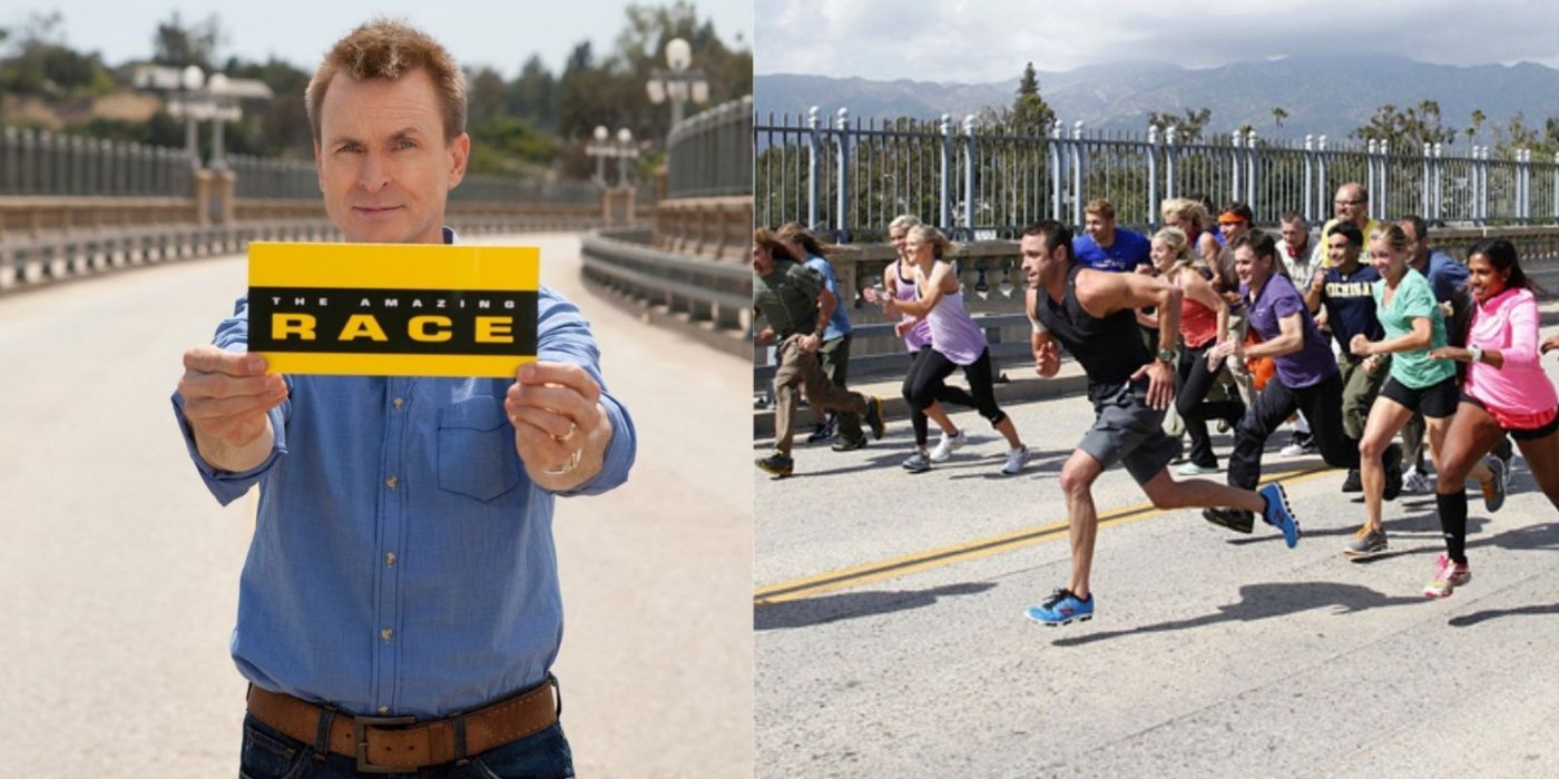 Split Image of The Amazing Race host holding a card and the contestants running