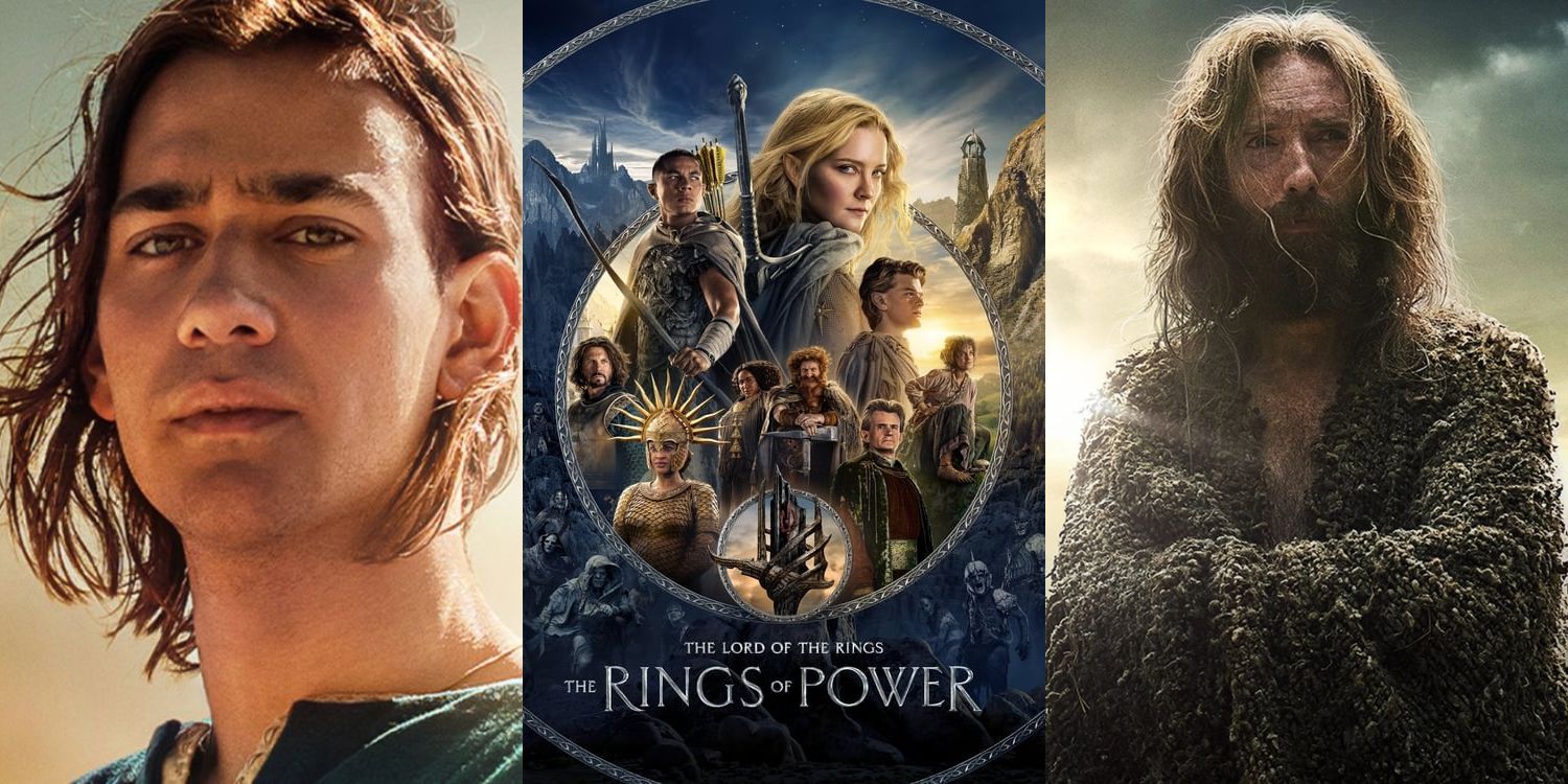 Split Image of The Rings of Power Poster & Isildur and Stranger Character Posters