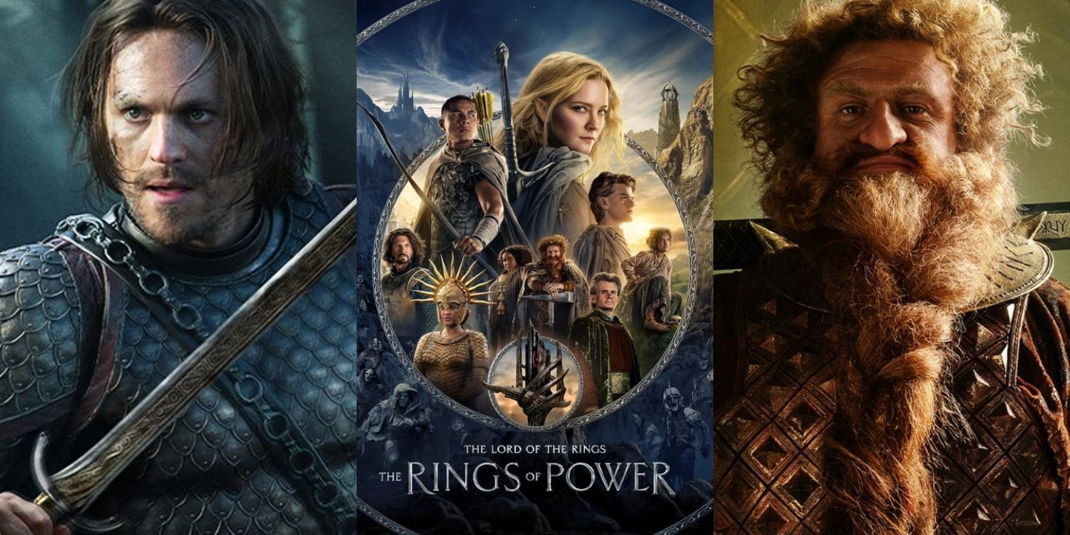 Split Image of The Rings of Power Poster, Halbrand:Sauron, and Durin IV