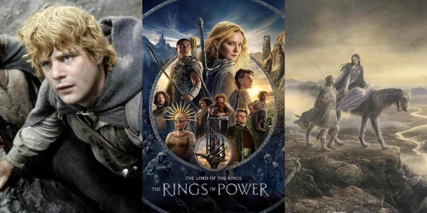 Split Image of The Rings of Power Poster, Samwise Gamgee, and Beren & Luthien Cover