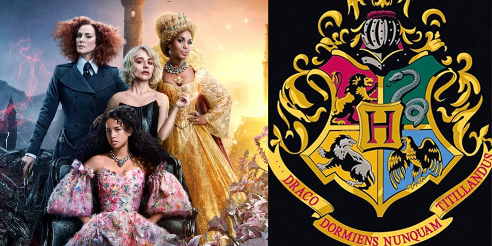 Split Image of The School for Good and Evil promo poster, and the Hogwarts crest