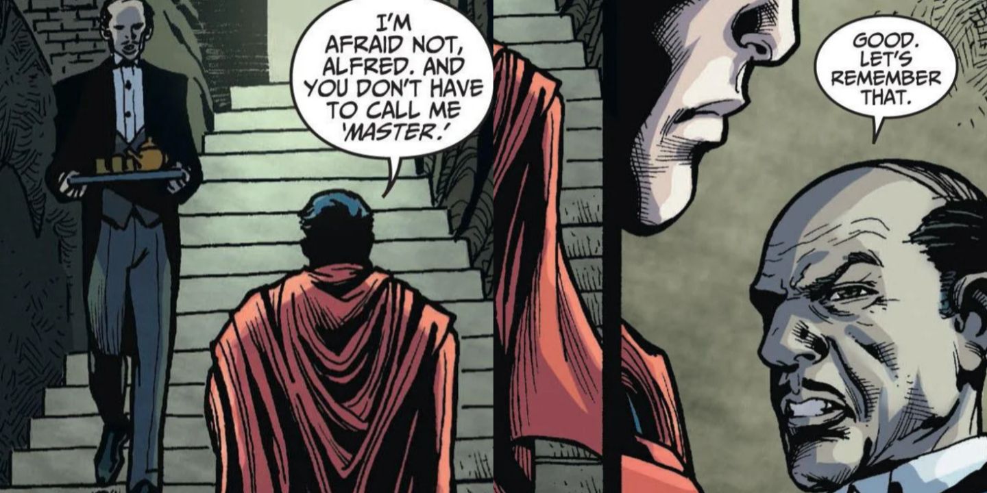 Imagem dividida Alfred falando com Superman em Injustice Year One (2013)
