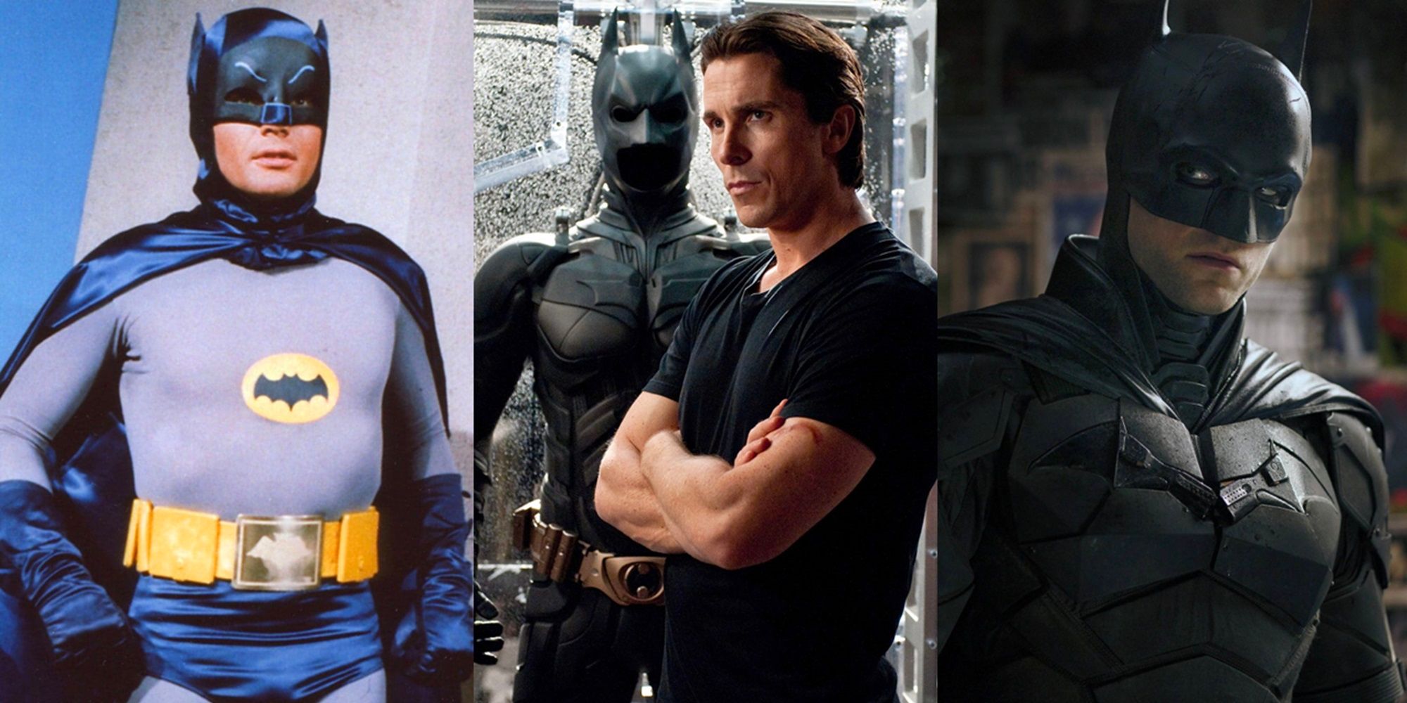Split image of Adam West, Christian Bale, and Robert Pattinson as Batman