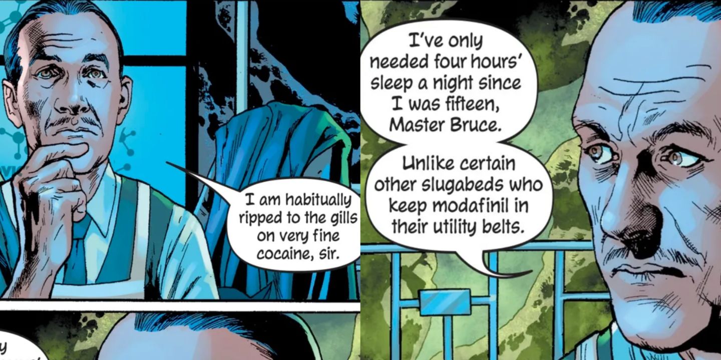 Imagem dividida de Alfred explicando seu horário de sono em Batman's Grave #3 (2020)