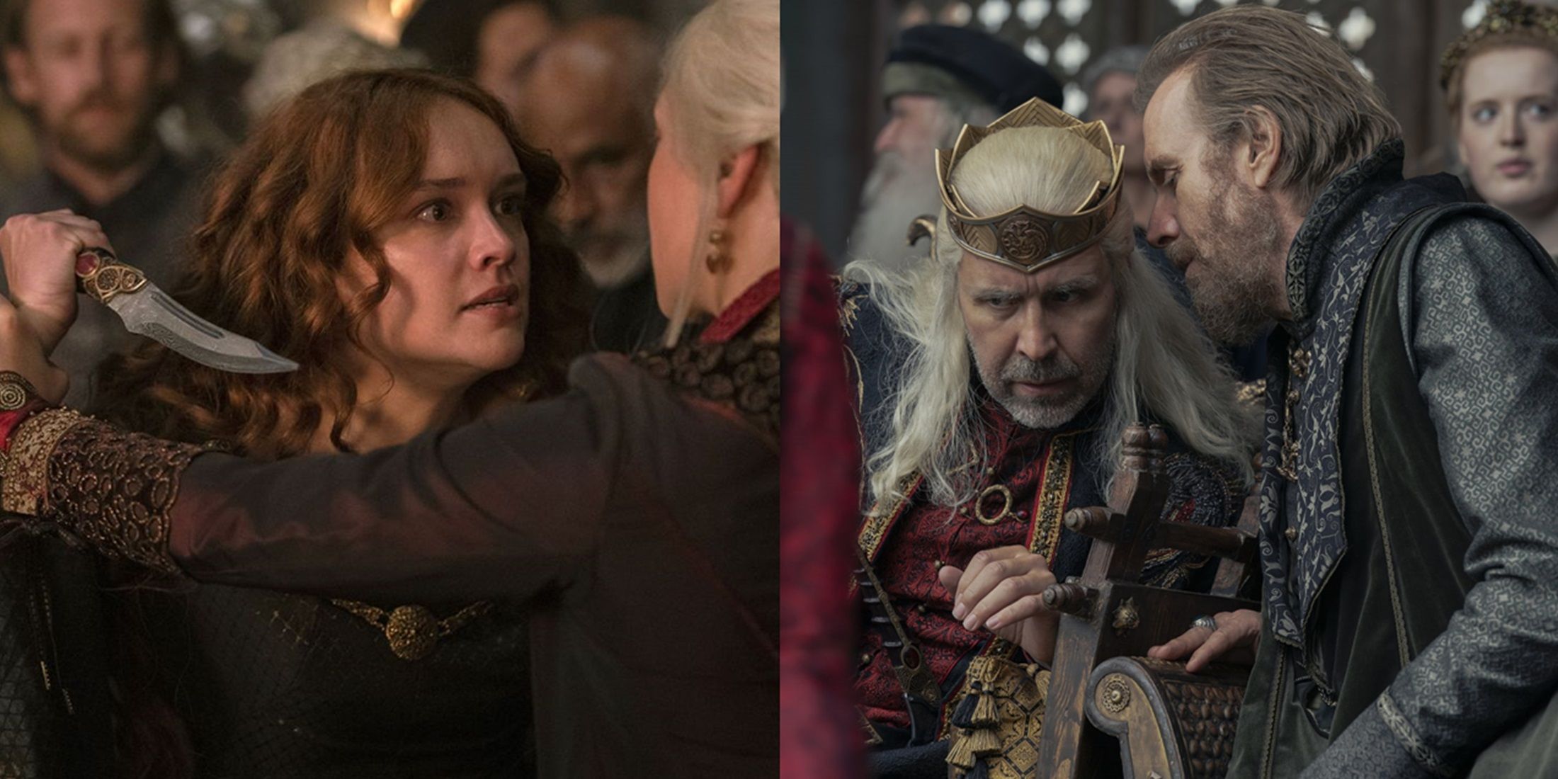 Split image of Alicent threatening Rhaenyra and Otto talking to Viserys in House of the Dragon