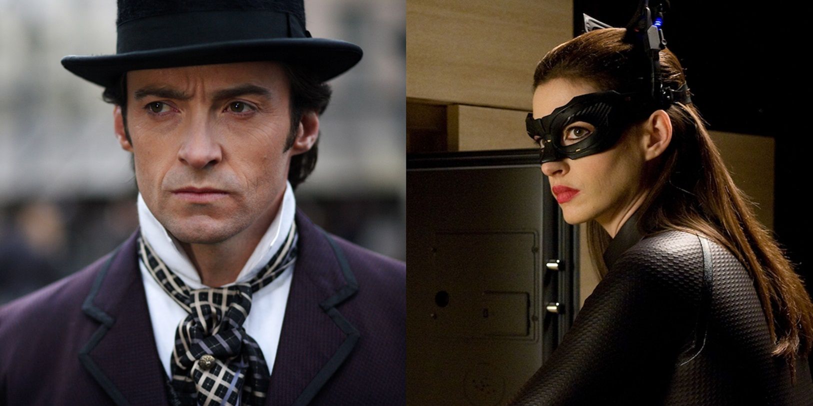 Split image of Angier in The Prestige and Catwoman in The Dark Knight Rises