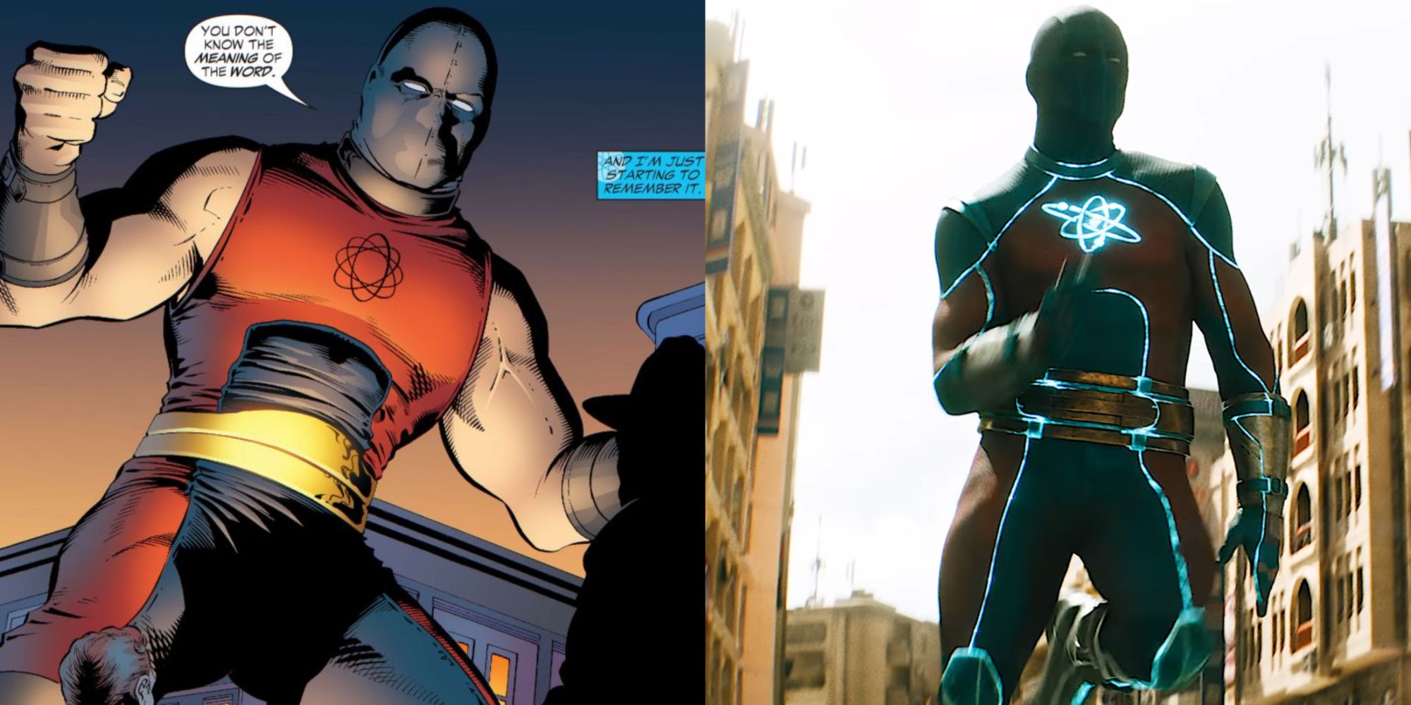 Imagem dividida de Atom Smasher nos quadrinhos e em Black Adam (2022)