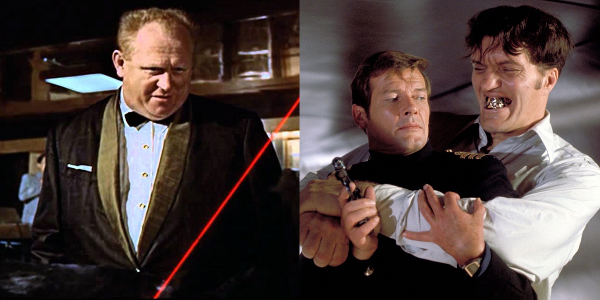 Split image of Auric Goldfinger with a laser beam and Jaws attacking James Bond