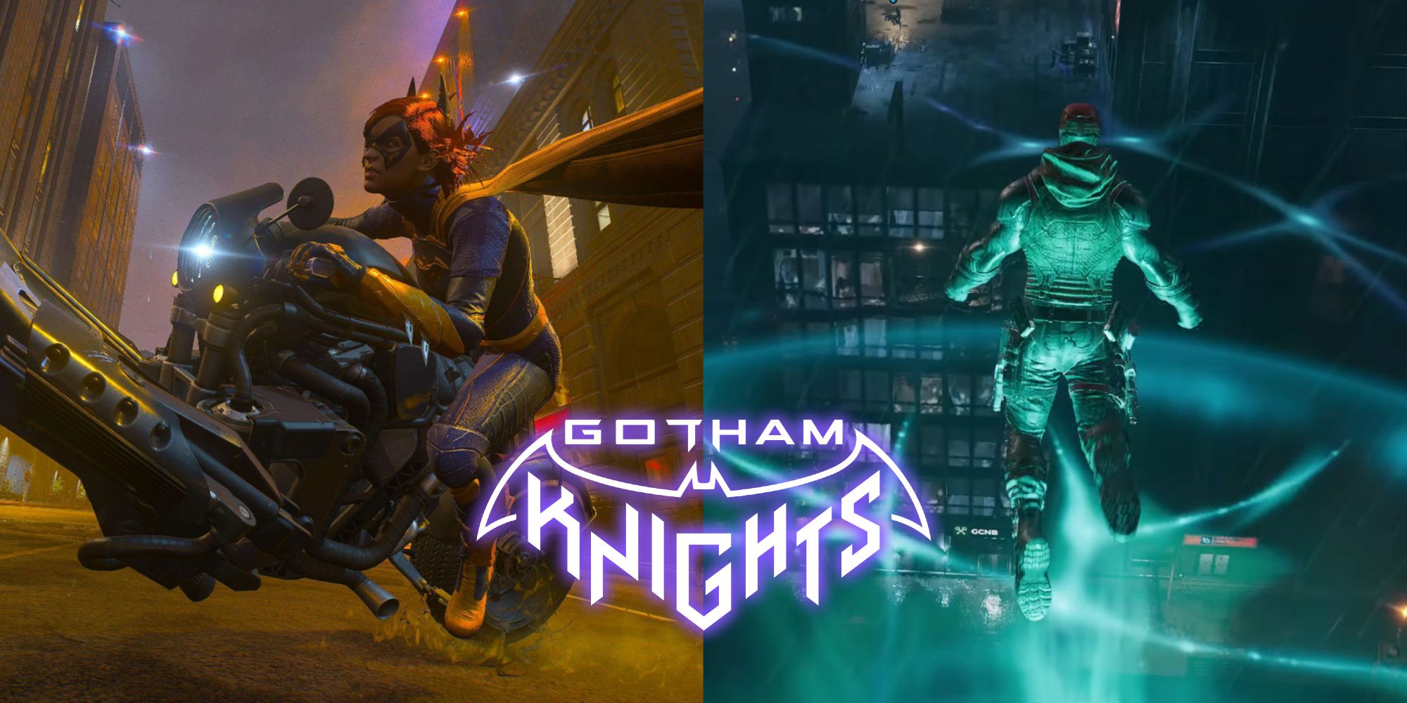 Split image of Batgirl on the Batcycle and Red Hood using his Mystical Leap in Gotham Knights (2022)