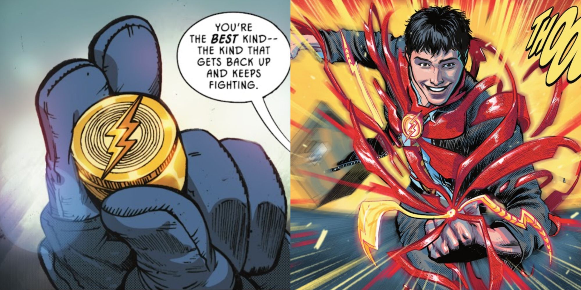 Split image of Batman handing Barry Allen the Flash ring and Barry transforming into The Flash in The Flash The Fastest Man Alive