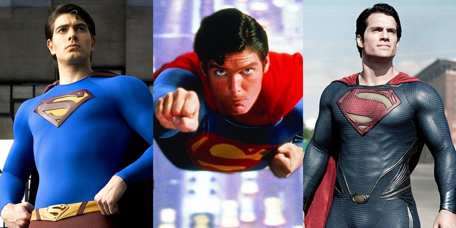 Split image of Brandon Routh in Superman Returns, Christopher Reeve in Superman The Movie, and Henry Cavill in Man of Steel