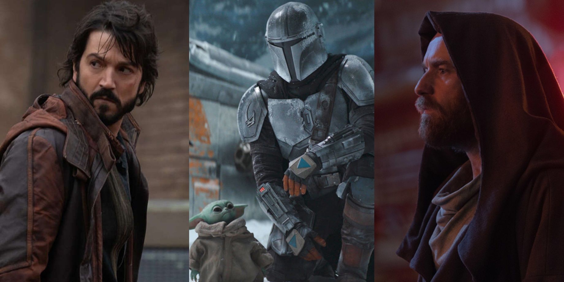 Split image of Cassian in Andor, Mando and Grogu in The Mandalorian, and Obi-Wan in Obi-Wan Kenobi