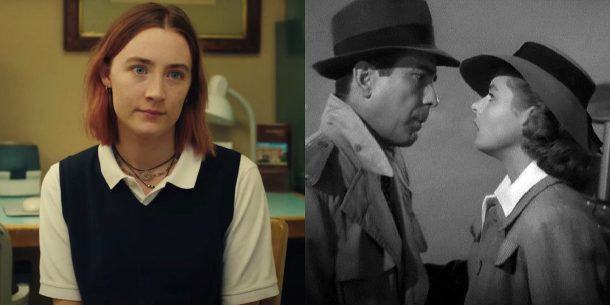 Split image of Christine in Lady Bird and Rick and Ilsa in Casablanca
