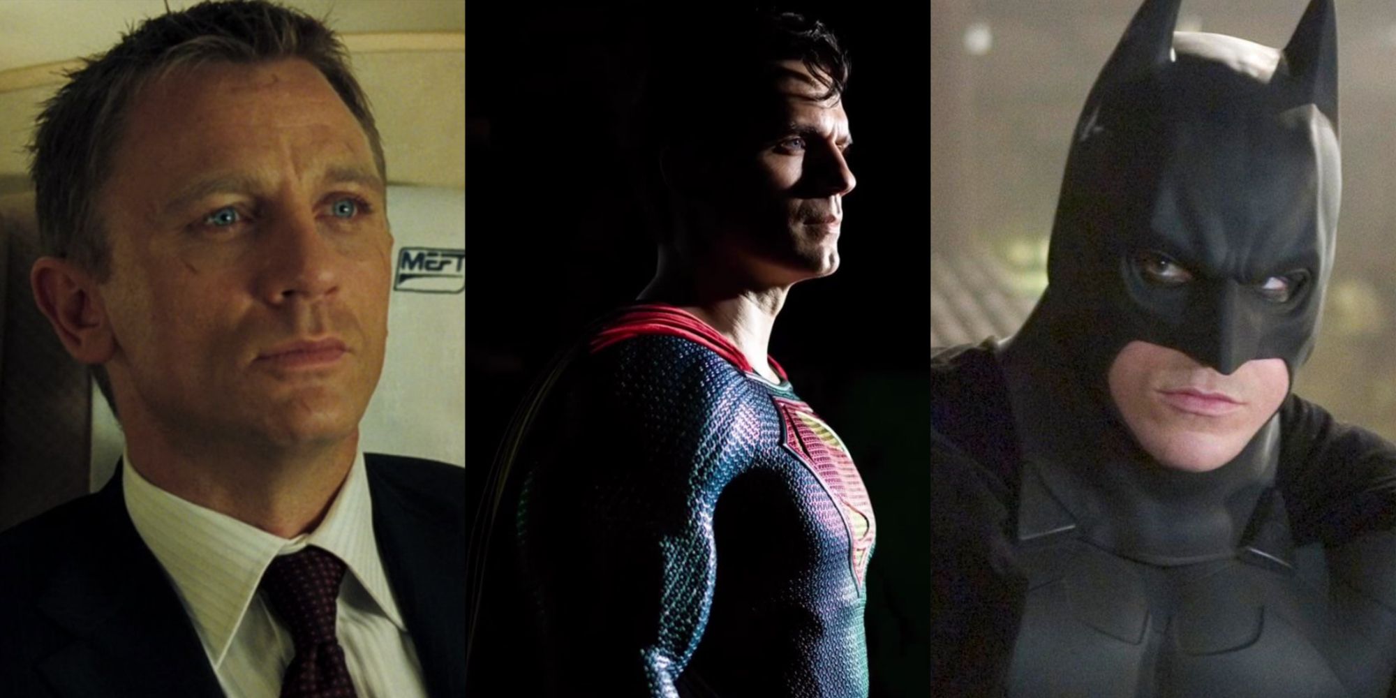 Split image of Daniel Craig's James Bond, Henry Cavill as Superman, and Christian Bale as Batman