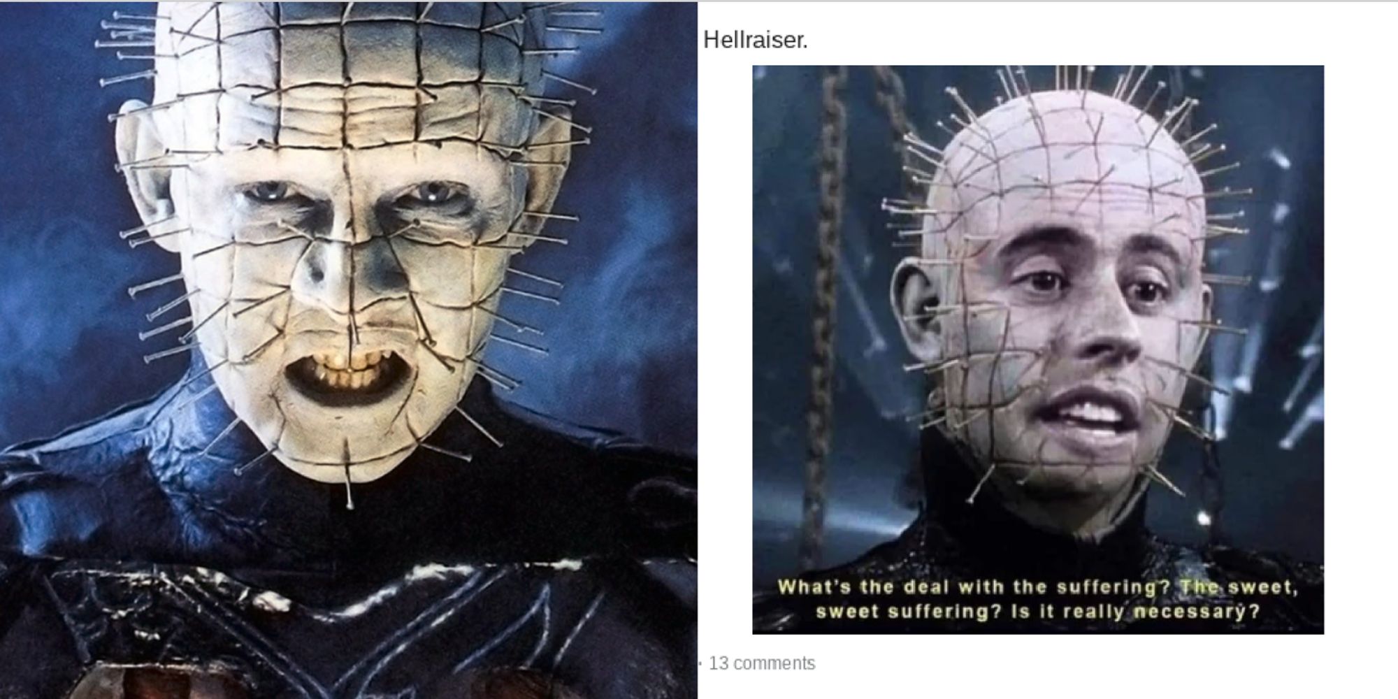 Split image of Doug Bradley Pinhead and Hellraiser meme with Jerry Seinfeld