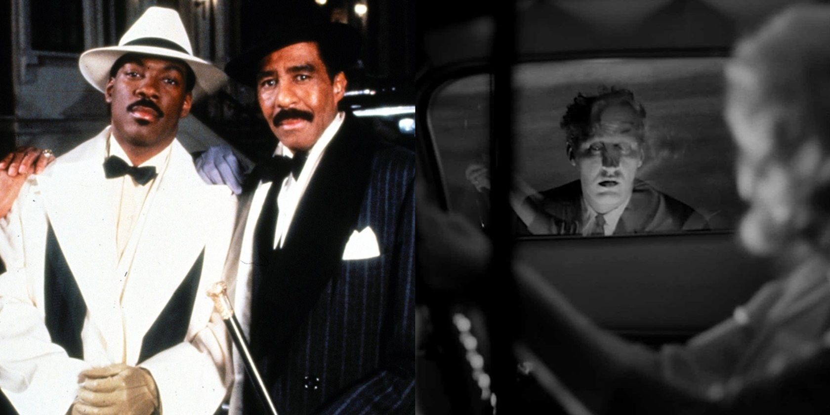 Split image of Eddie Murphy and Richard Pryor in Harlem Nights and Herk Harvey in Carnival of Souls