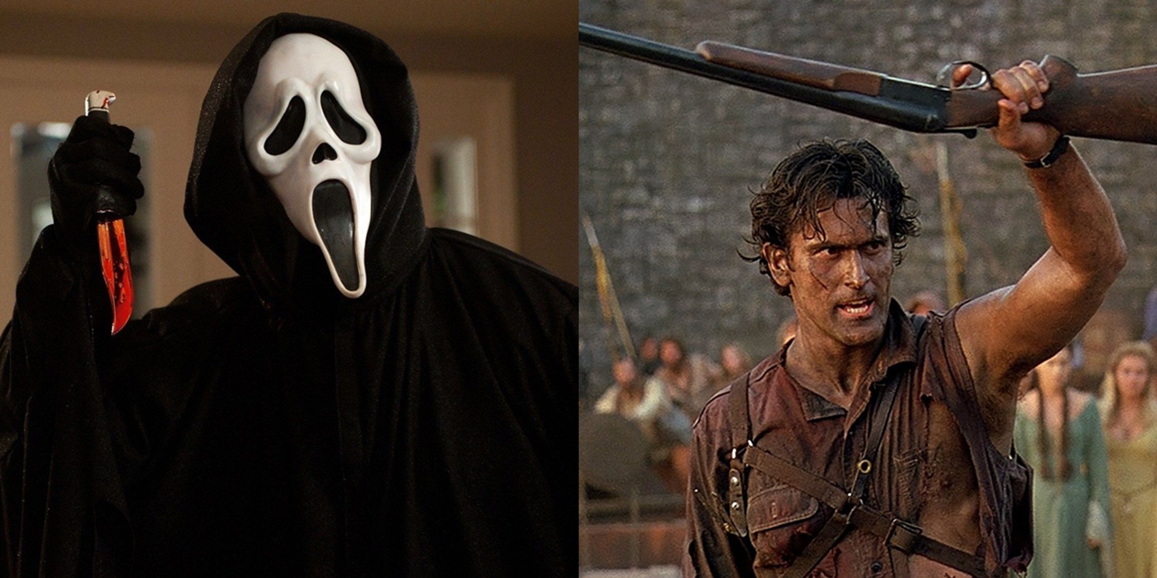 Split image of Ghostface in Scream and Ash in Army of Darkness