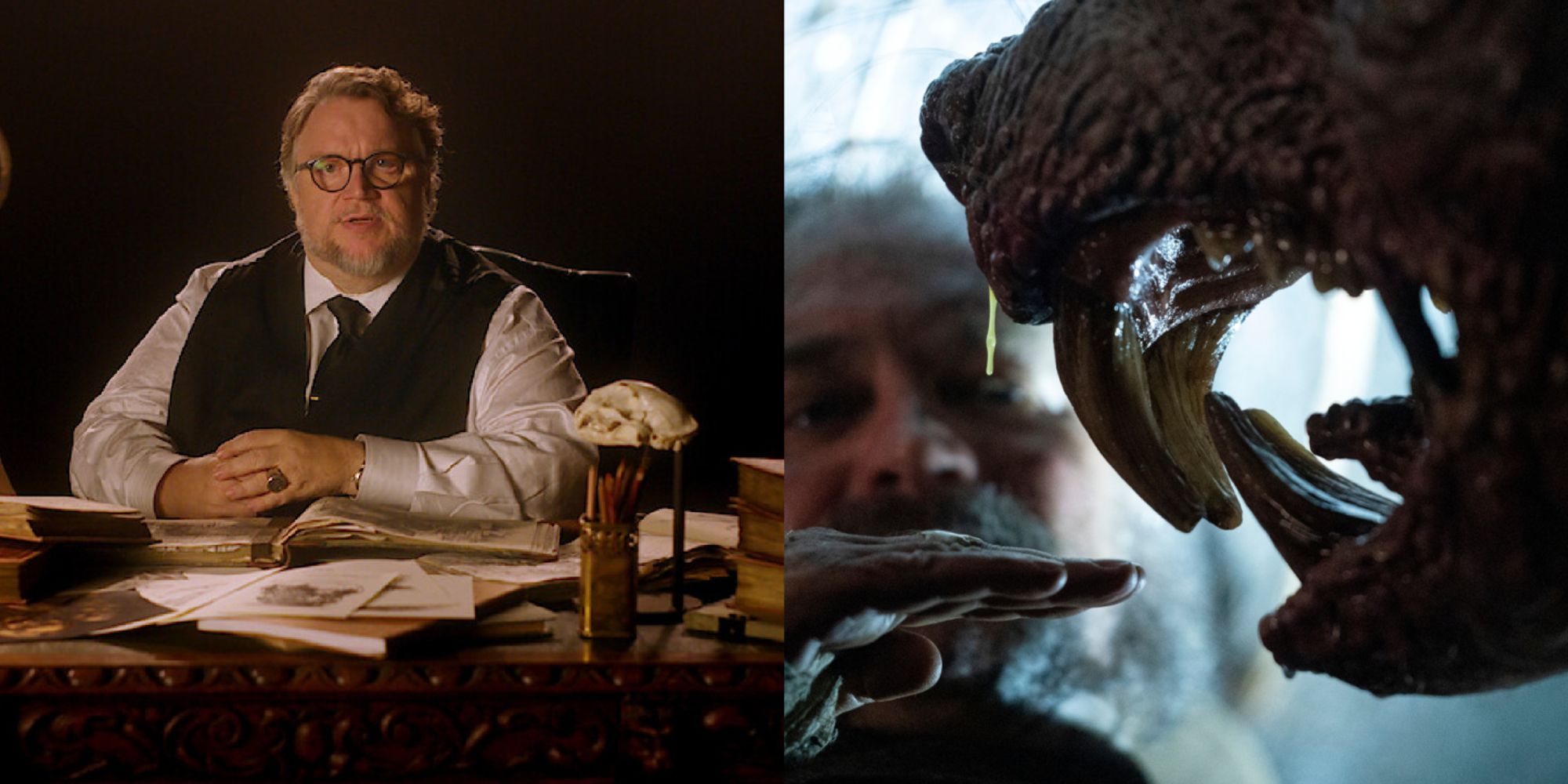 Split image of Guillermo del Toro and creature from Guillermo del Toro Cabinet of Curiosities